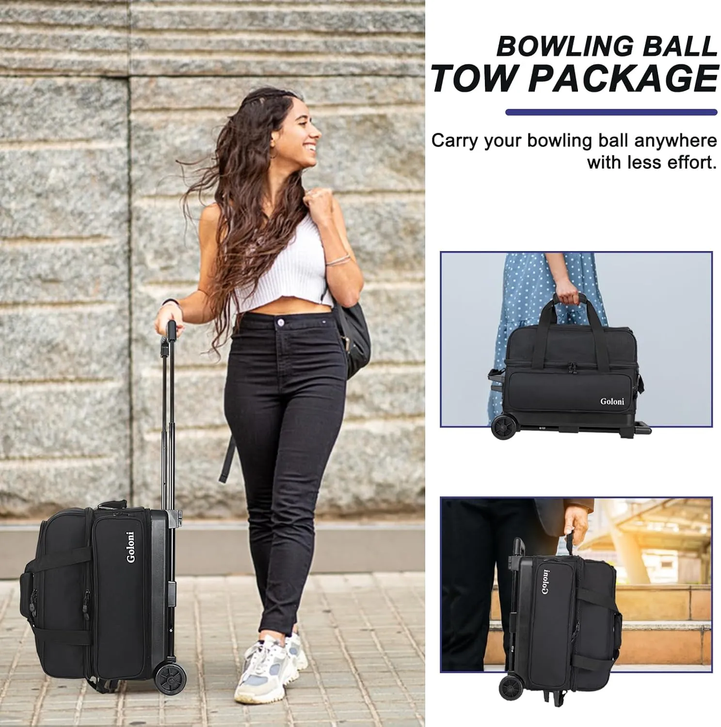 Goloni Double Roller 2 Ball Bowling Bag with Separate Shoe Compartment,2 Ball Bowling Bag with Wheels,Retractable Handle Extends to 40"