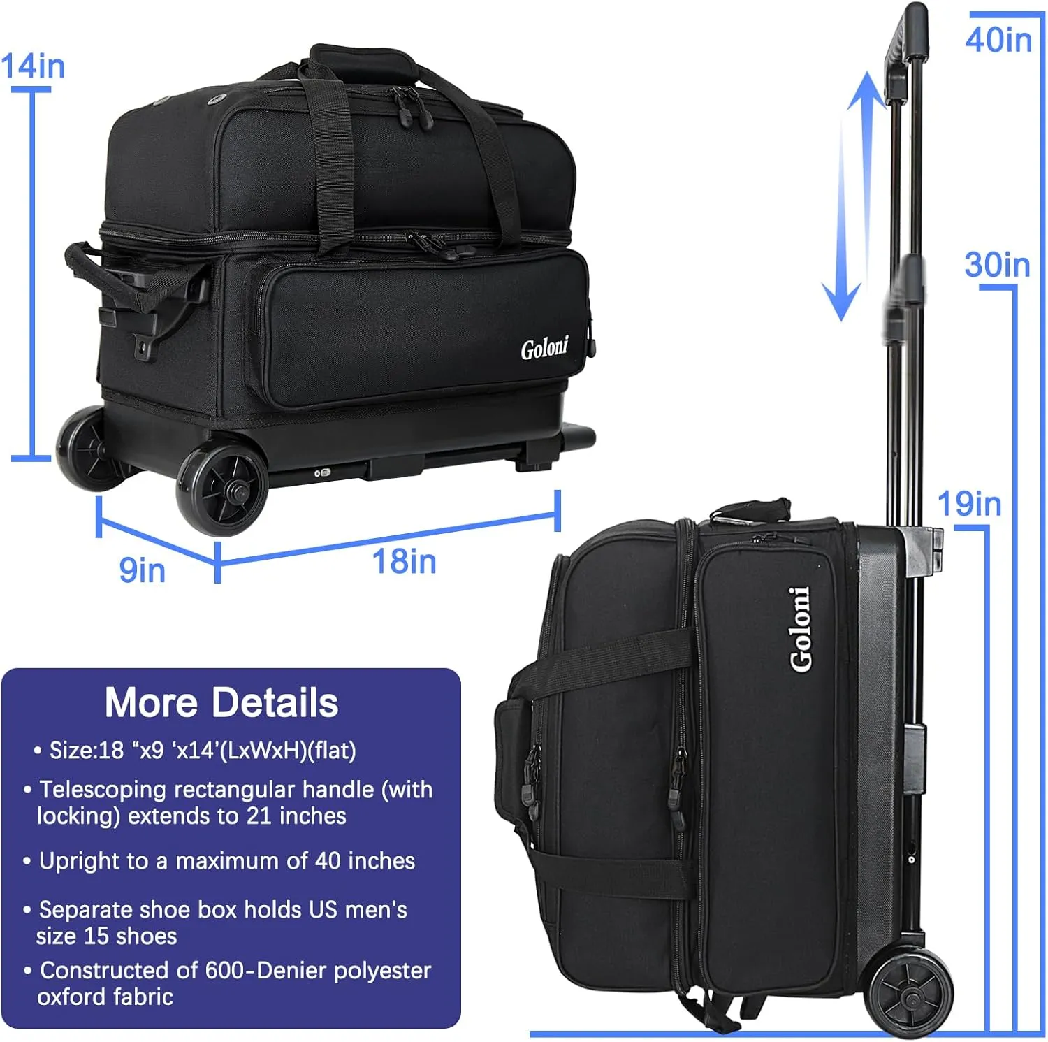 Goloni Double Roller 2 Ball Bowling Bag with Separate Shoe Compartment,2 Ball Bowling Bag with Wheels,Retractable Handle Extends to 40"