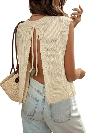 GORGLITTER Women's Cropped Backless Crochet Vest Open Back Tie Sweater Tank Tops