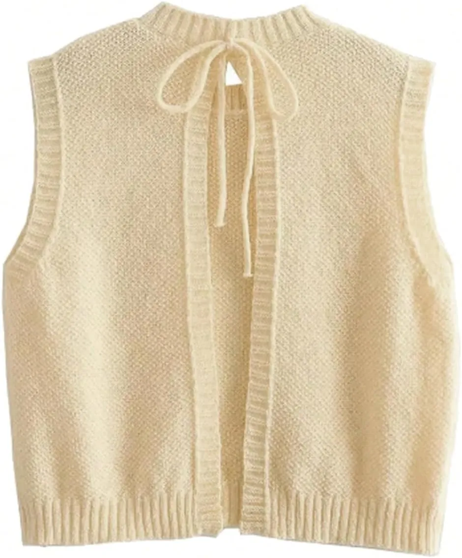 GORGLITTER Women's Cropped Backless Crochet Vest Open Back Tie Sweater Tank Tops