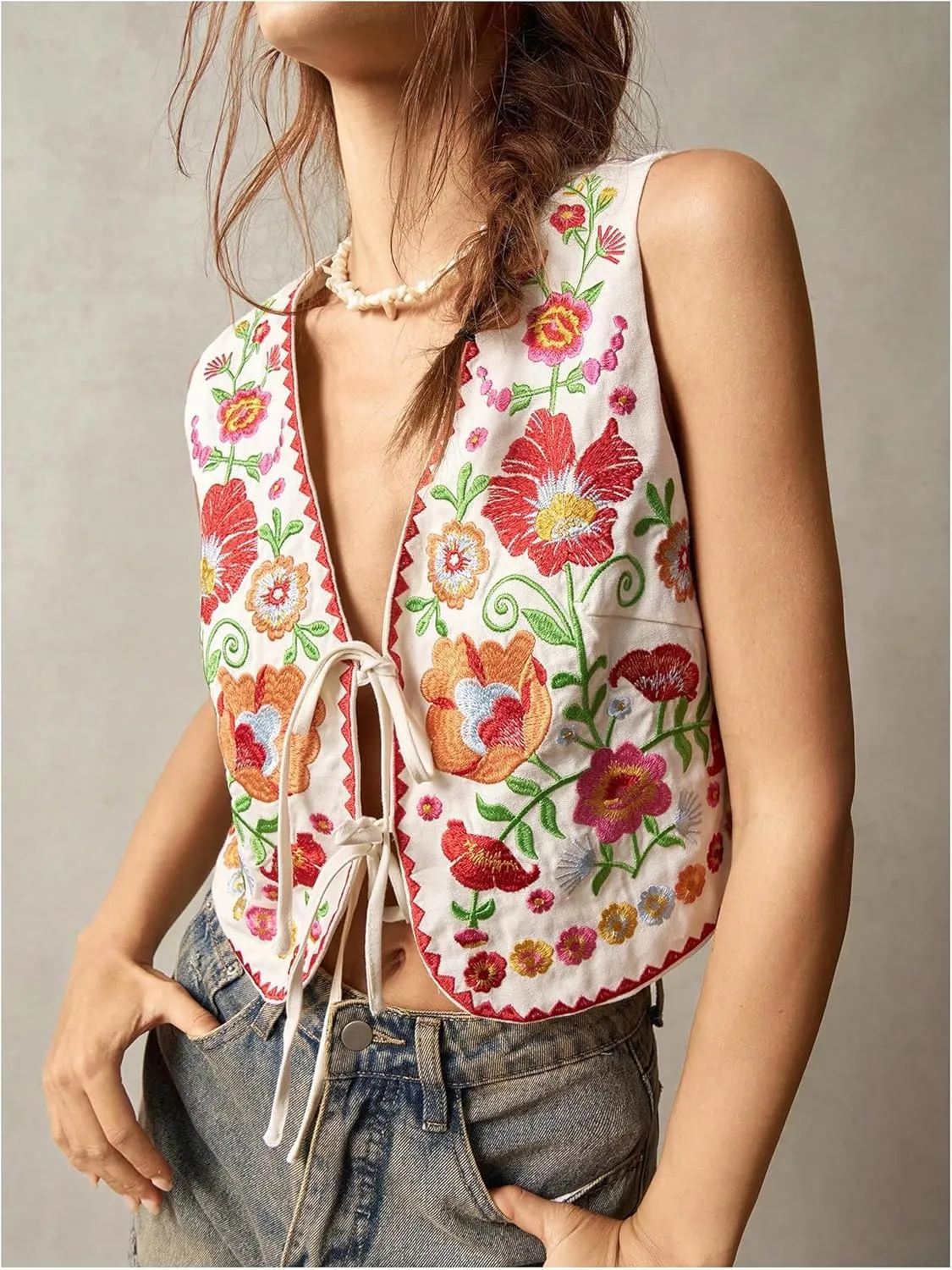 GORGLITTER Women's Tie Front Embroidered Floral Vest Tops Sleeveless Cardigan Boho Western Outfits
