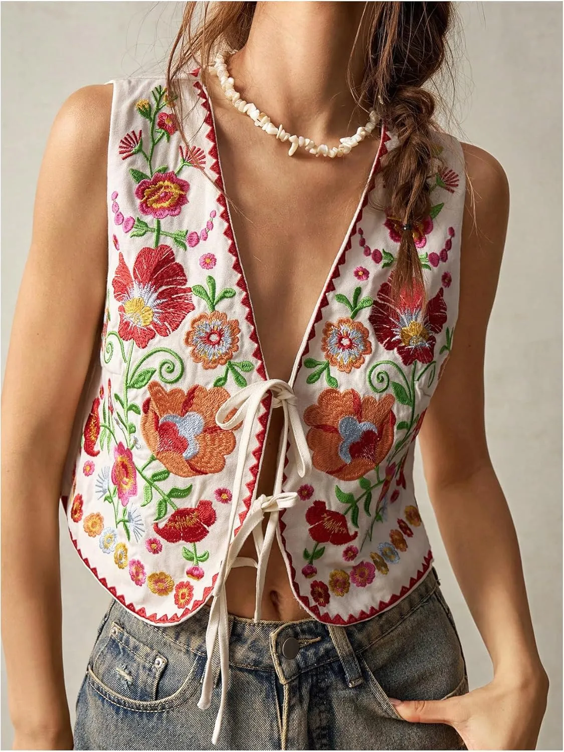 GORGLITTER Women's Tie Front Embroidered Floral Vest Tops Sleeveless Cardigan Boho Western Outfits