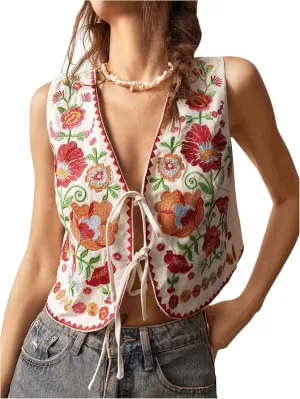 GORGLITTER Women's Tie Front Embroidered Floral Vest Tops Sleeveless Cardigan Boho Western Outfits
