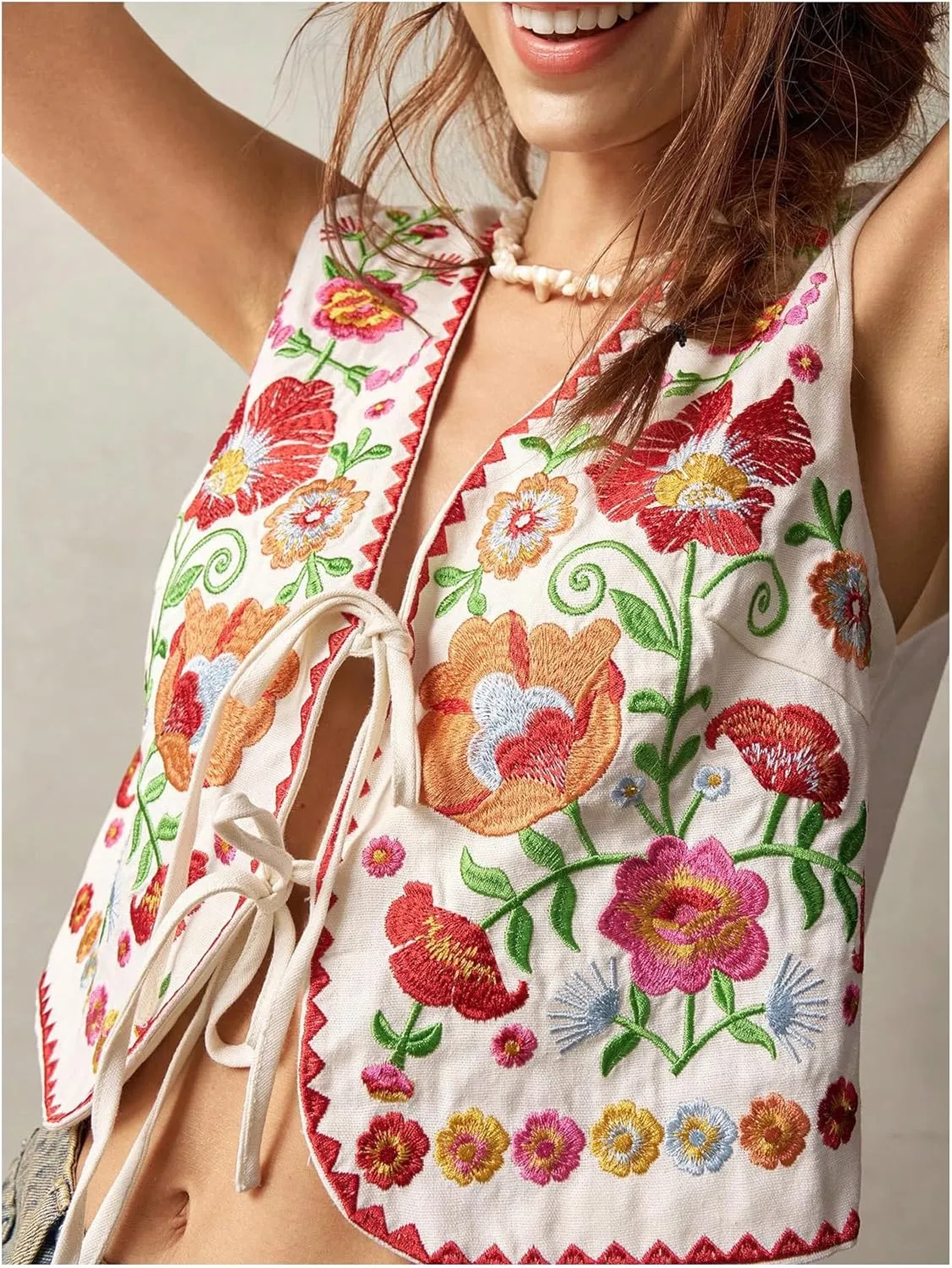 GORGLITTER Women's Tie Front Embroidered Floral Vest Tops Sleeveless Cardigan Boho Western Outfits