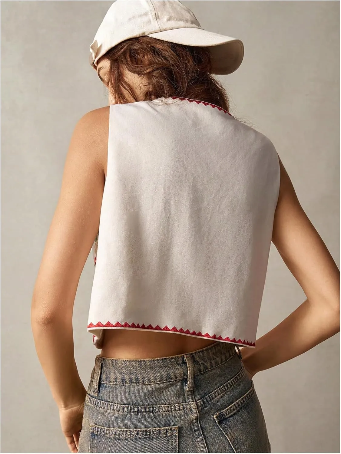 GORGLITTER Women's Tie Front Embroidered Floral Vest Tops Sleeveless Cardigan Boho Western Outfits