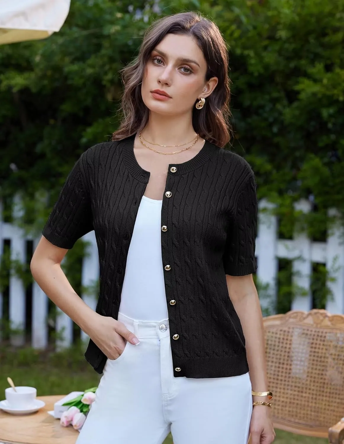 GRACE KARIN Women's Short Sleeve Button Up Summer Cardigan Sweater Y2K Cardigan Jacket (Runs Big, Suggest Size Down)