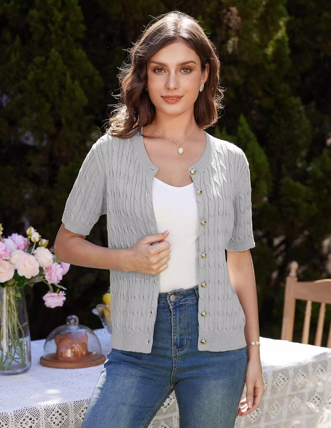 GRACE KARIN Women's Short Sleeve Button Up Summer Cardigan Sweater Y2K Cardigan Jacket (Runs Big, Suggest Size Down)