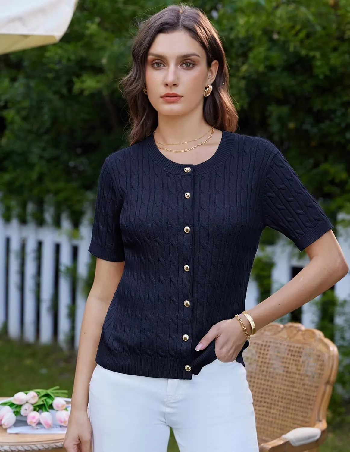 GRACE KARIN Women's Short Sleeve Button Up Summer Cardigan Sweater Y2K Cardigan Jacket (Runs Big, Suggest Size Down)