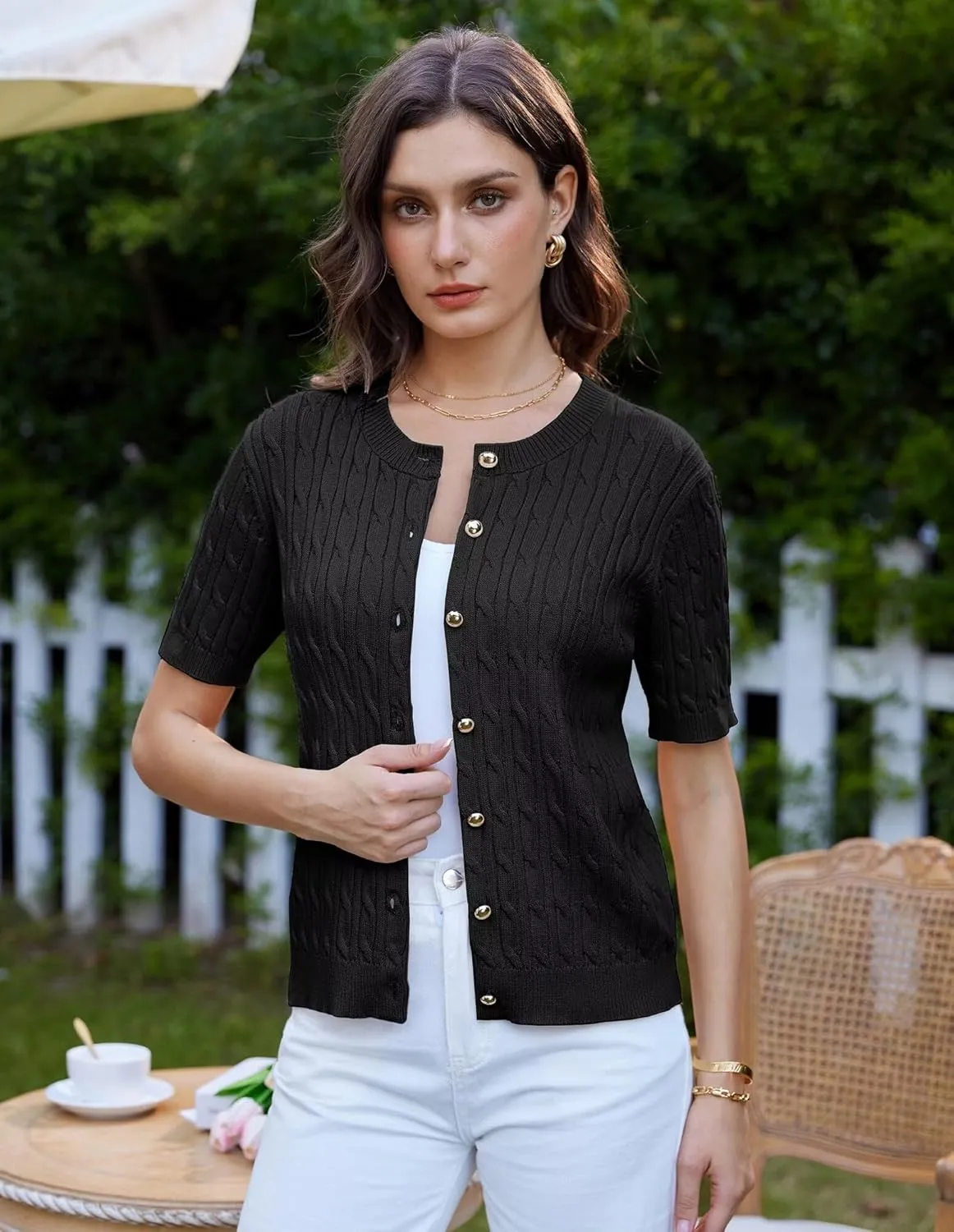 GRACE KARIN Women's Short Sleeve Button Up Summer Cardigan Sweater Y2K Cardigan Jacket (Runs Big, Suggest Size Down)