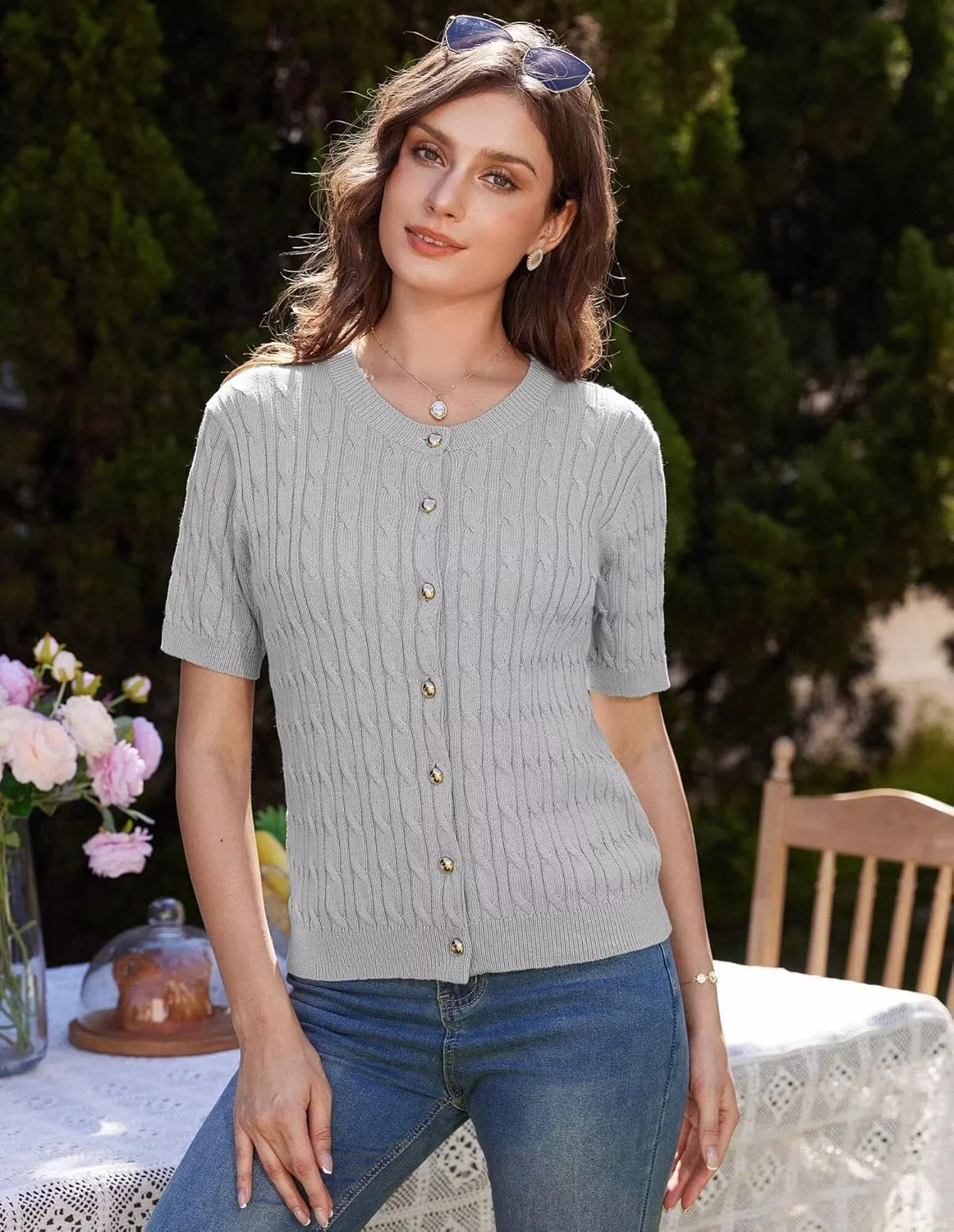GRACE KARIN Women's Short Sleeve Button Up Summer Cardigan Sweater Y2K Cardigan Jacket (Runs Big, Suggest Size Down)