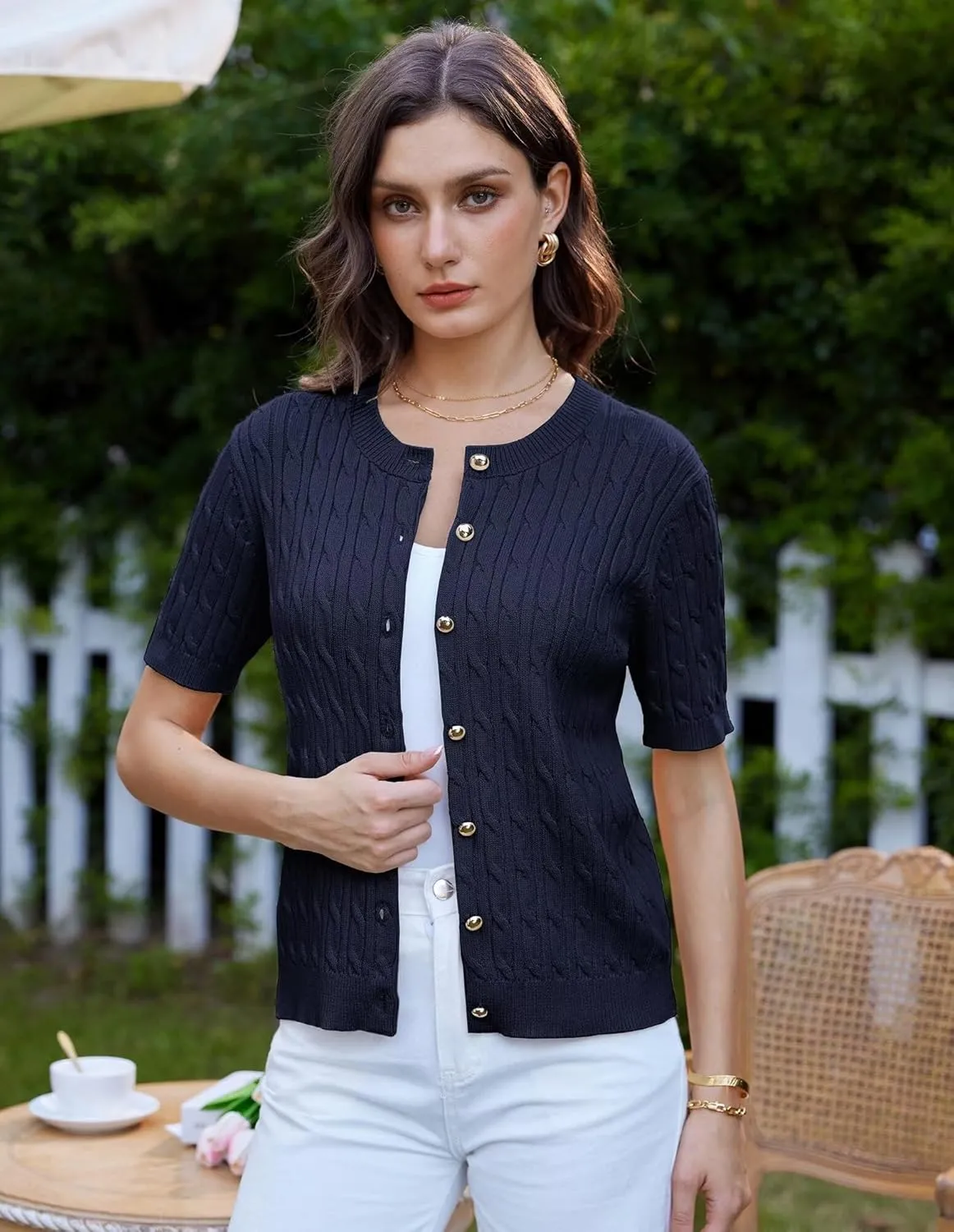 GRACE KARIN Women's Short Sleeve Button Up Summer Cardigan Sweater Y2K Cardigan Jacket (Runs Big, Suggest Size Down)