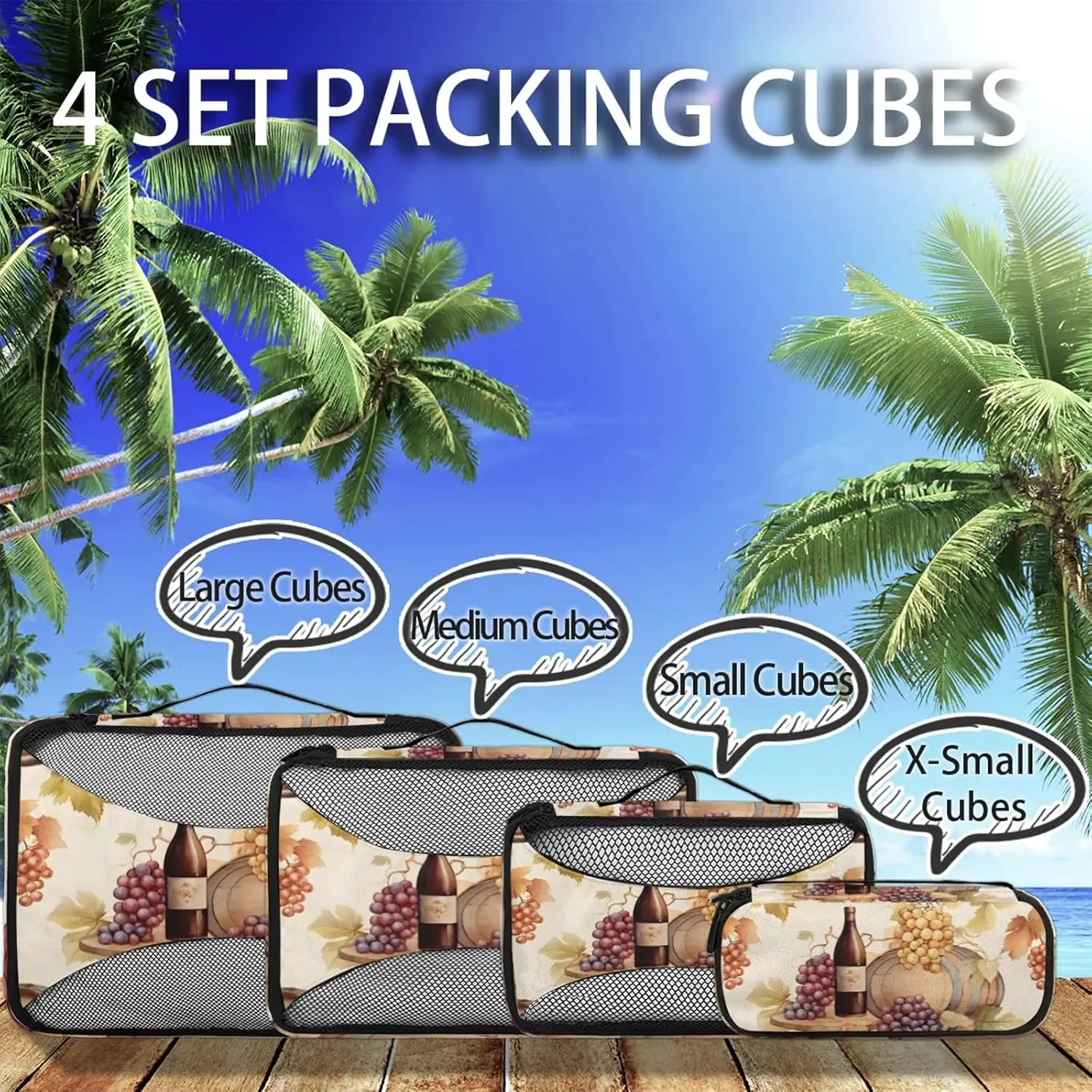 Grape Wine Printed 4 Pack Packing Cubes for Travel Lightweight Luggage Organizer Bag for Men Women Suitcase Packing Bags Set for Travel Essentials