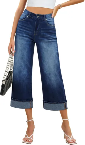 GRAPENT Wide Leg Jeans for Women High Waisted Stretchy Denim Crop Pants Fold Hem Cropped Baggy Jeans with Pockets
