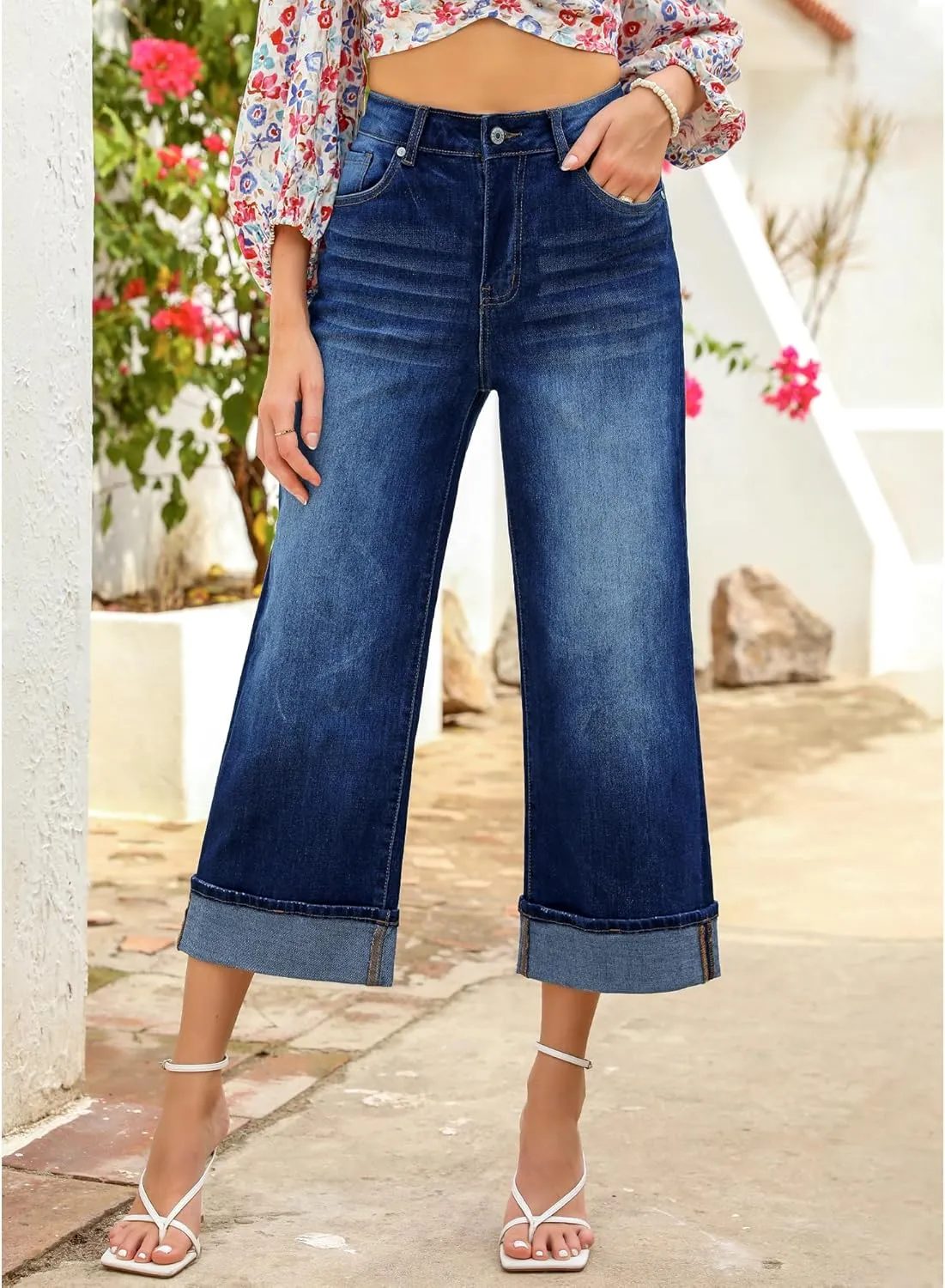 GRAPENT Wide Leg Jeans for Women High Waisted Stretchy Denim Crop Pants Fold Hem Cropped Baggy Jeans with Pockets