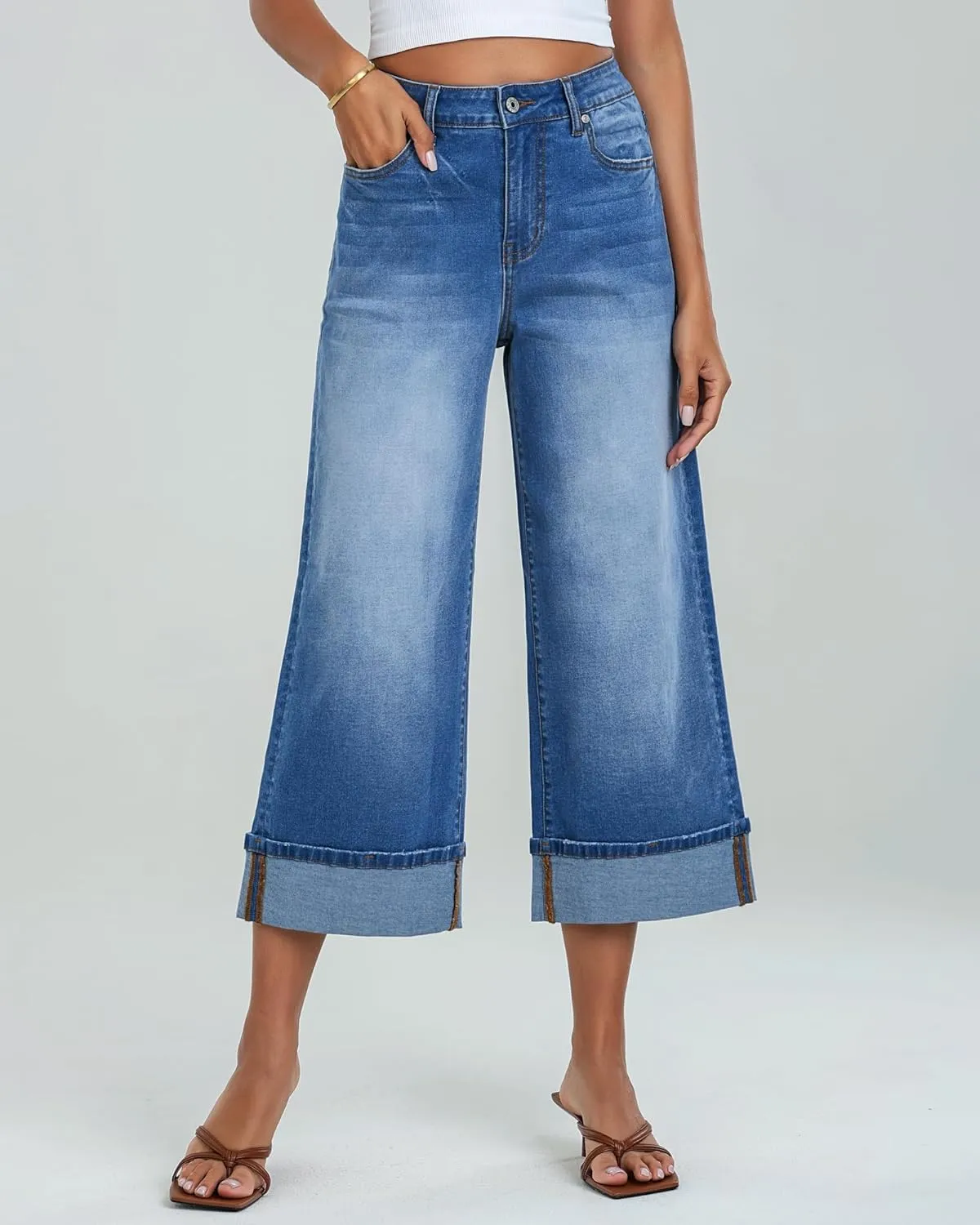 GRAPENT Wide Leg Jeans for Women High Waisted Stretchy Denim Crop Pants Fold Hem Cropped Baggy Jeans with Pockets