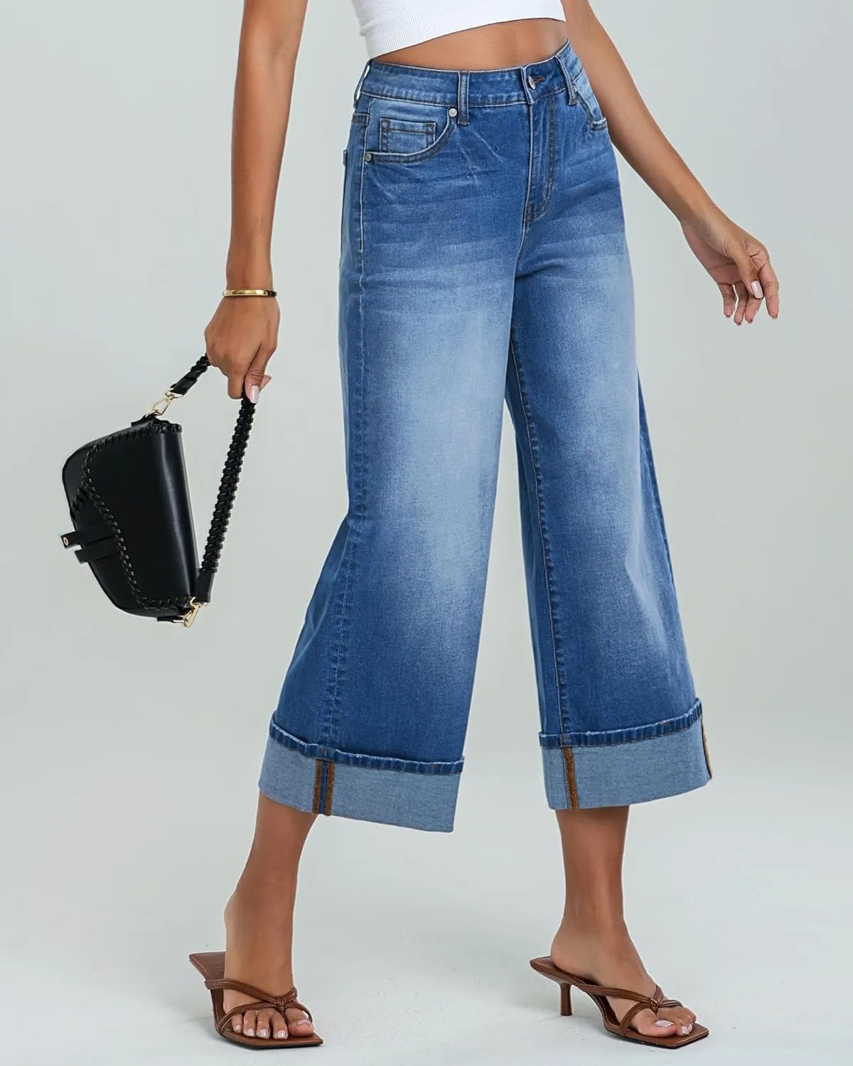 GRAPENT Wide Leg Jeans for Women High Waisted Stretchy Denim Crop Pants Fold Hem Cropped Baggy Jeans with Pockets