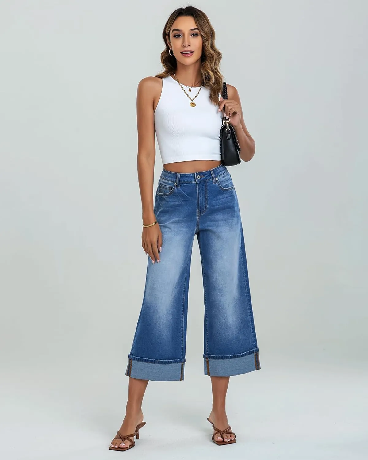 GRAPENT Wide Leg Jeans for Women High Waisted Stretchy Denim Crop Pants Fold Hem Cropped Baggy Jeans with Pockets
