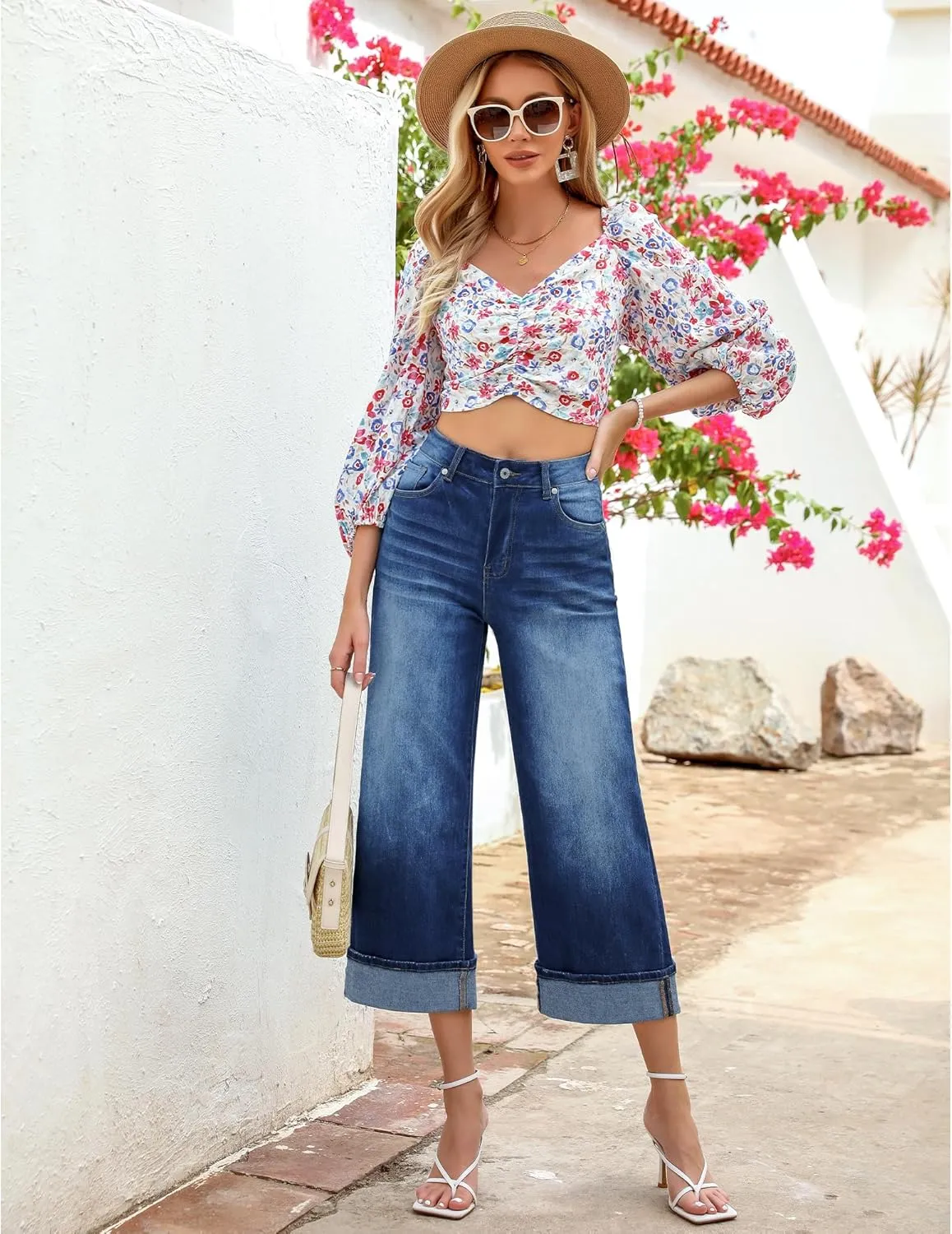 GRAPENT Wide Leg Jeans for Women High Waisted Stretchy Denim Crop Pants Fold Hem Cropped Baggy Jeans with Pockets