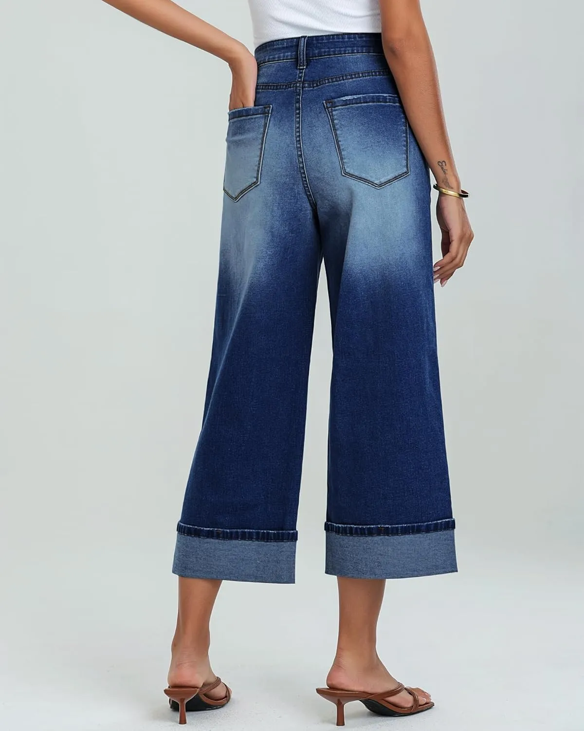 GRAPENT Wide Leg Jeans for Women High Waisted Stretchy Denim Crop Pants Fold Hem Cropped Baggy Jeans with Pockets