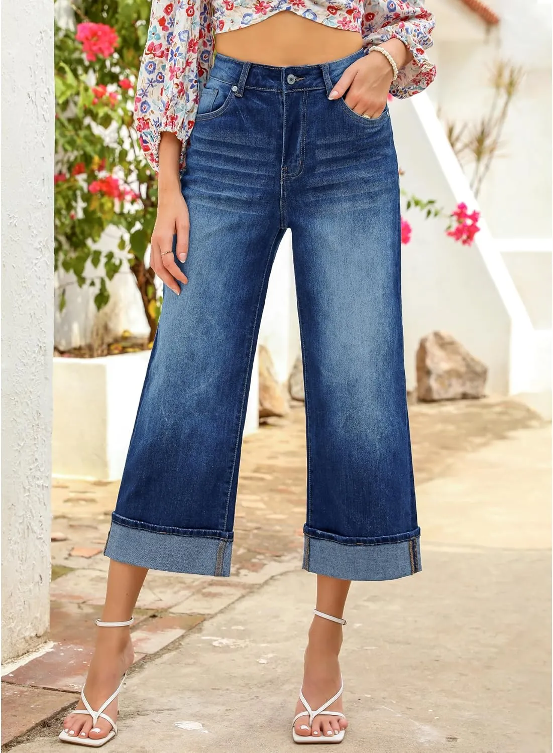 GRAPENT Wide Leg Jeans for Women High Waisted Stretchy Denim Crop Pants Fold Hem Cropped Baggy Jeans with Pockets