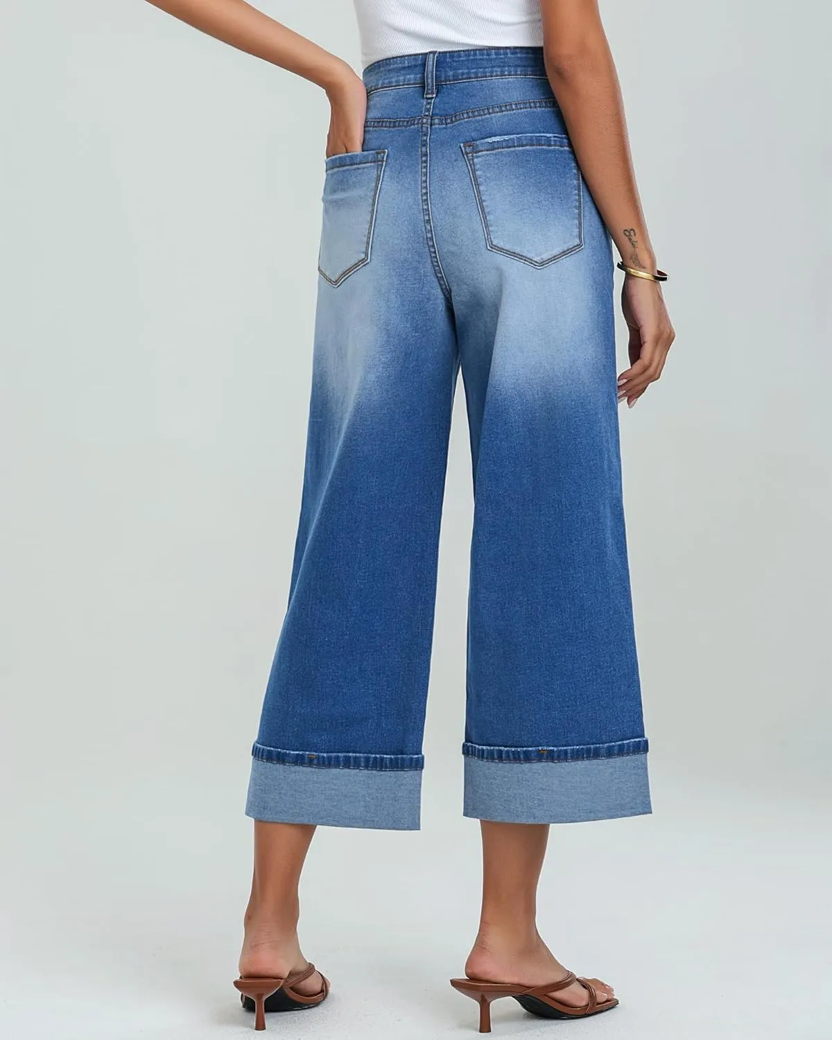 GRAPENT Wide Leg Jeans for Women High Waisted Stretchy Denim Crop Pants Fold Hem Cropped Baggy Jeans with Pockets