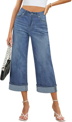 GRAPENT Wide Leg Jeans for Women High Waisted Stretchy Denim Crop Pants Fold Hem Cropped Baggy Jeans with Pockets