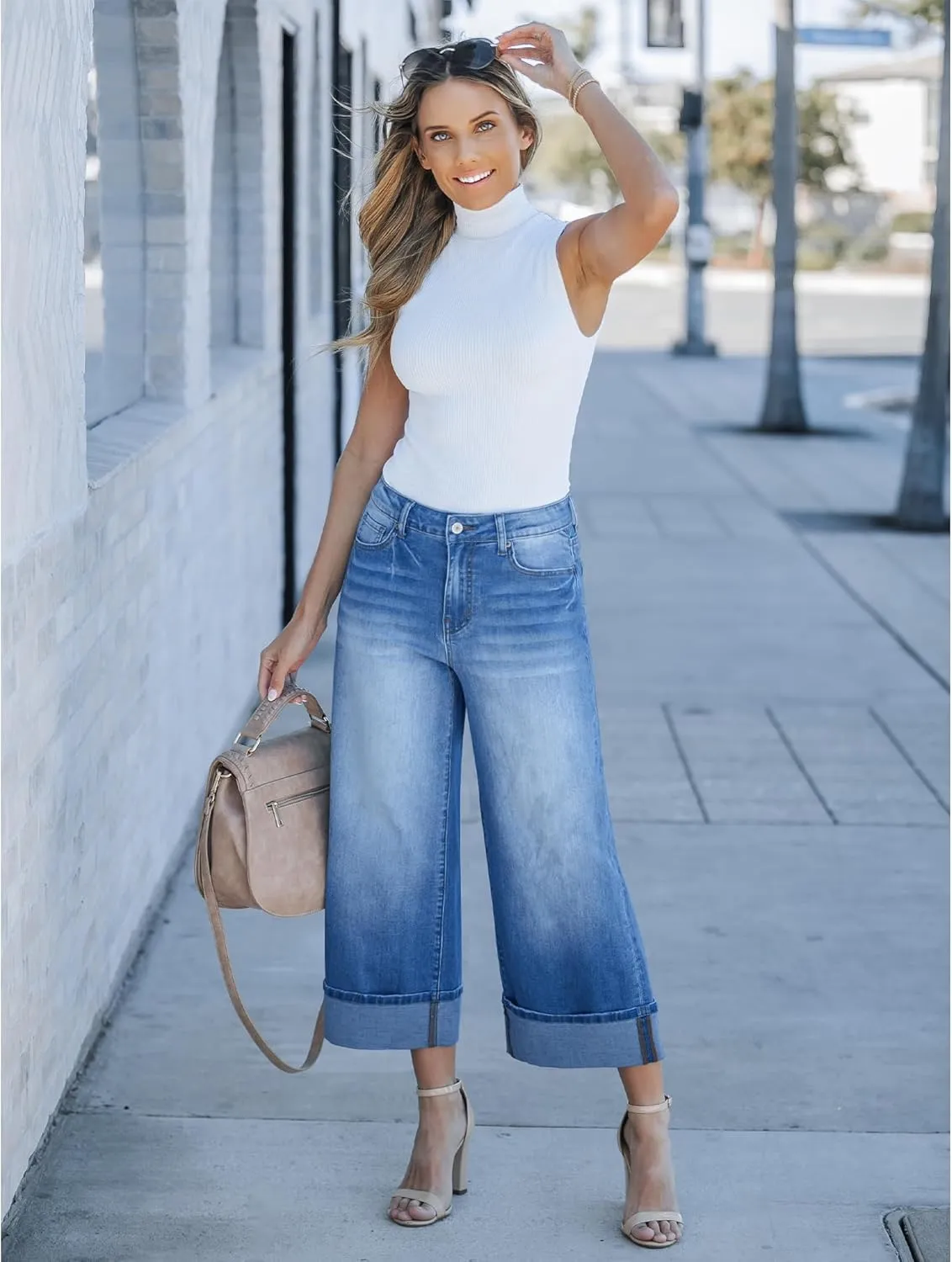 GRAPENT Wide Leg Jeans for Women High Waisted Stretchy Denim Crop Pants Fold Hem Cropped Baggy Jeans with Pockets