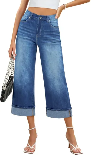 GRAPENT Wide Leg Jeans for Women High Waisted Stretchy Denim Crop Pants Fold Hem Cropped Baggy Jeans with Pockets