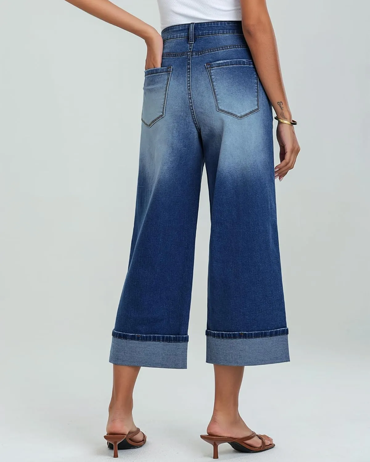 GRAPENT Wide Leg Jeans for Women High Waisted Stretchy Denim Crop Pants Fold Hem Cropped Baggy Jeans with Pockets