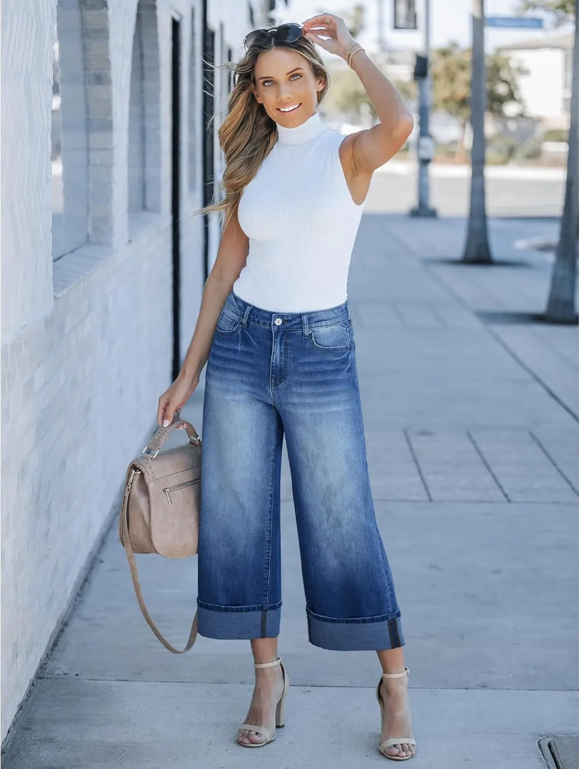 GRAPENT Wide Leg Jeans for Women High Waisted Stretchy Denim Crop Pants Fold Hem Cropped Baggy Jeans with Pockets