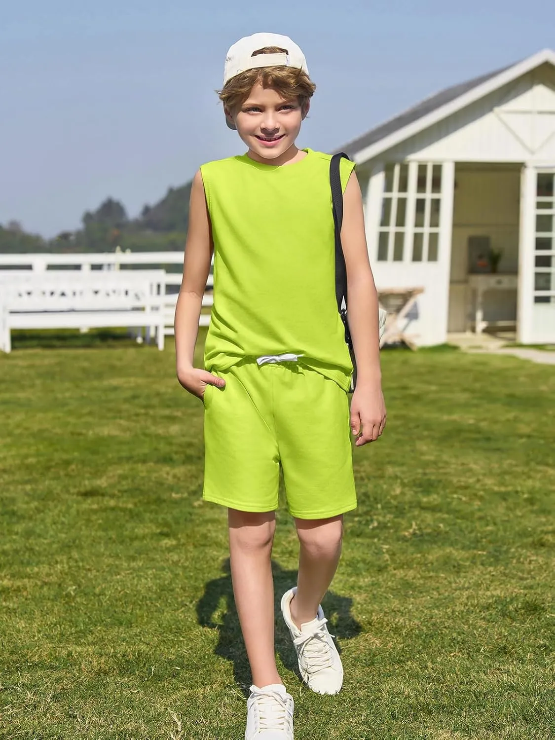 Haloumoning Boys 2 Piece Summer Outfits Short Sets Kids Tank Tops and Elastic Waist Shorts with Pockets 5-14 Years