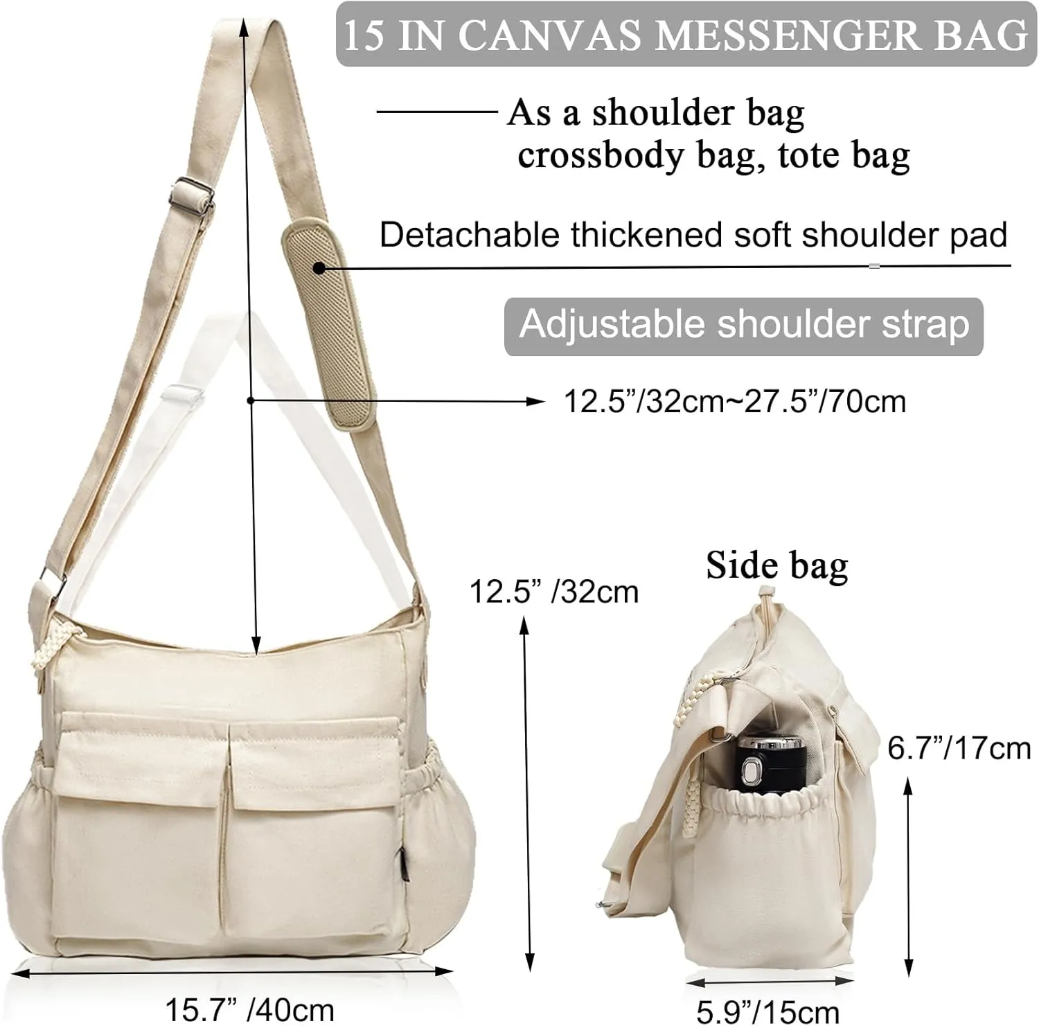 High Density Canvas Messenger Bag for Men/Women, 15 Large Crossbody Shoulder Bag Tote Bag for College/Travel/Work Daily Use