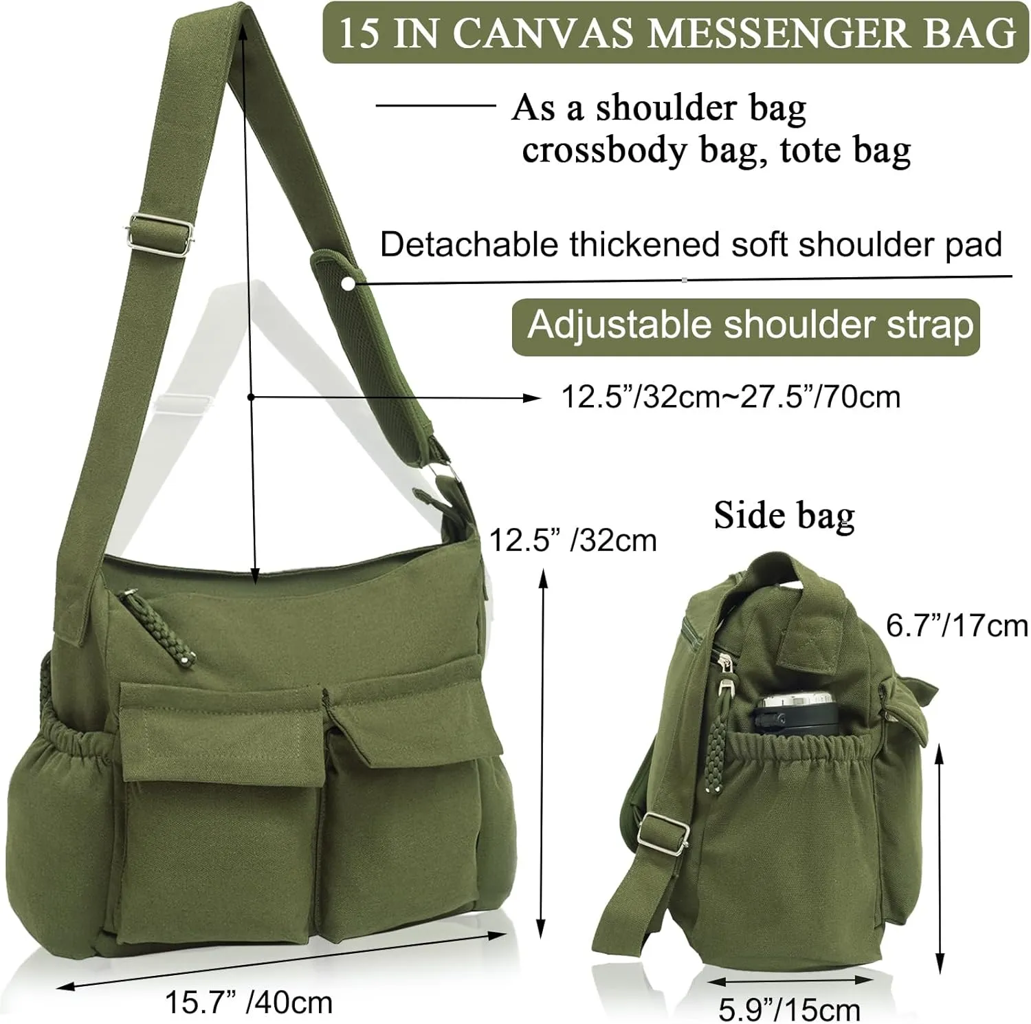High Density Canvas Messenger Bag for Men/Women, 15 Large Crossbody Shoulder Bag Tote Bag for College/Travel/Work Daily Use