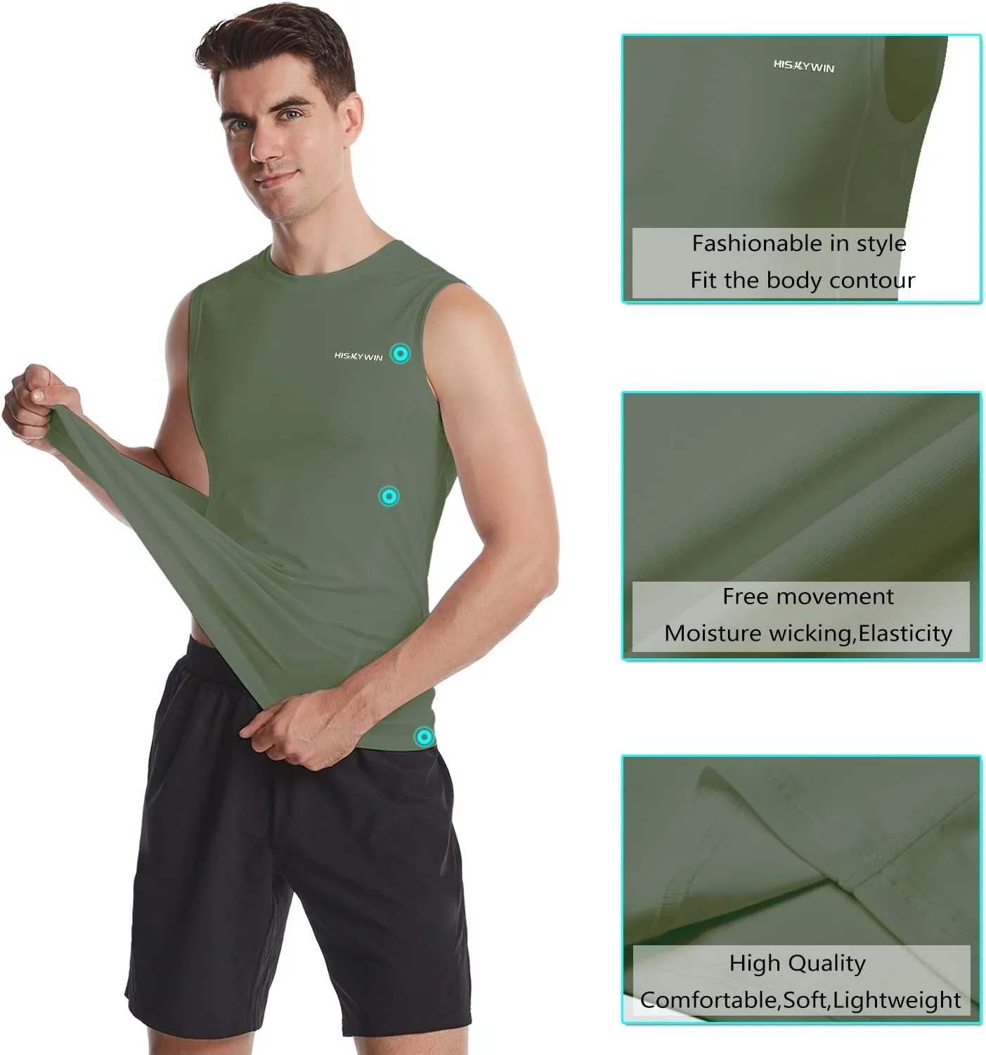 HISKYWIN Mens Basic Solid Workout Bodybuilding Tank-Tops Quick-Dry Sleeveless T-Shirt Athletic-Fit Vest Undershirt