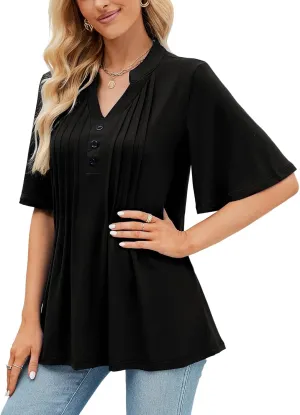 HOCOSIT Women's Floral Print Short Ruffle Sleeve Pleated Front V Neck Button Tunic Tops