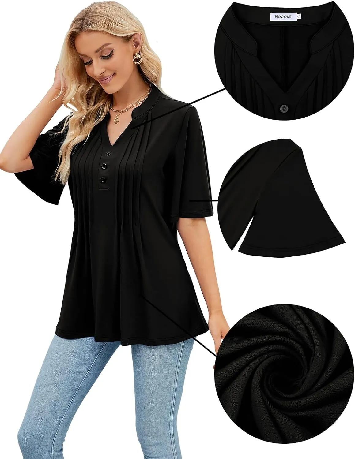 HOCOSIT Women's Floral Print Short Ruffle Sleeve Pleated Front V Neck Button Tunic Tops