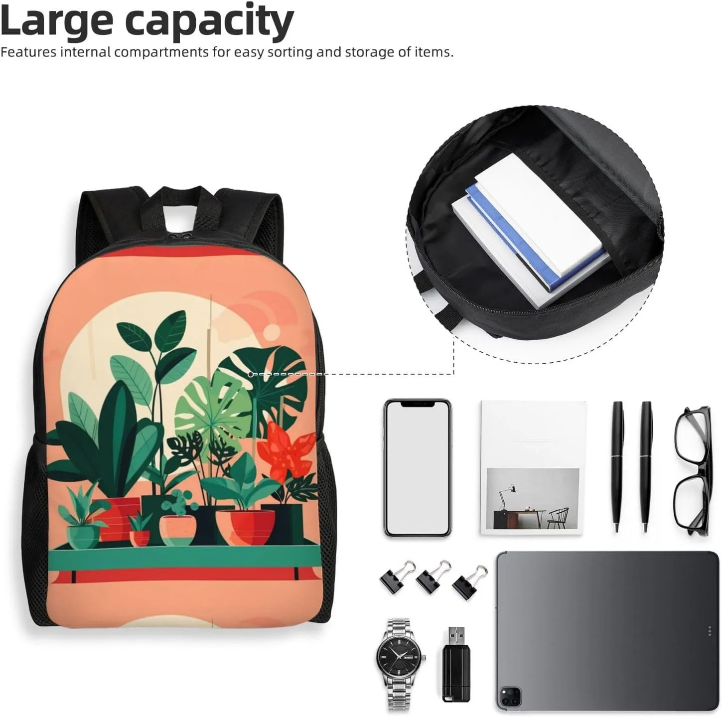 Indoor Potted Green Plants Printed Travel Laptop Backpack for Men Women, Funny Daily Use Computer Bag, Waterproof Casual Daypack
