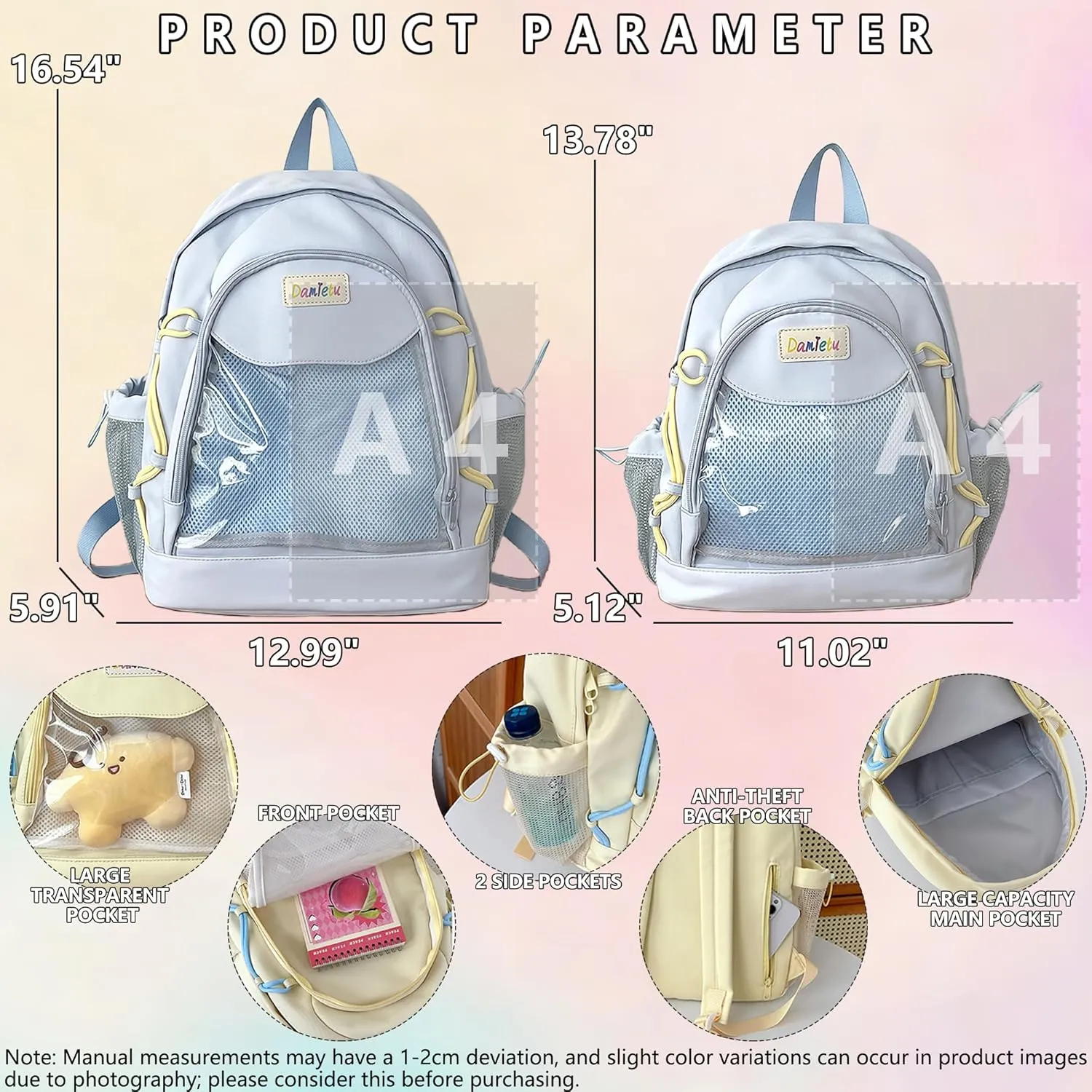 Ita Backpack Large Capacity Kawaii Japanese-Inspired Nylon Daypack Stylish Dual-Strap Backpack Perfect for Travel & Daily Use (Blue, Large)