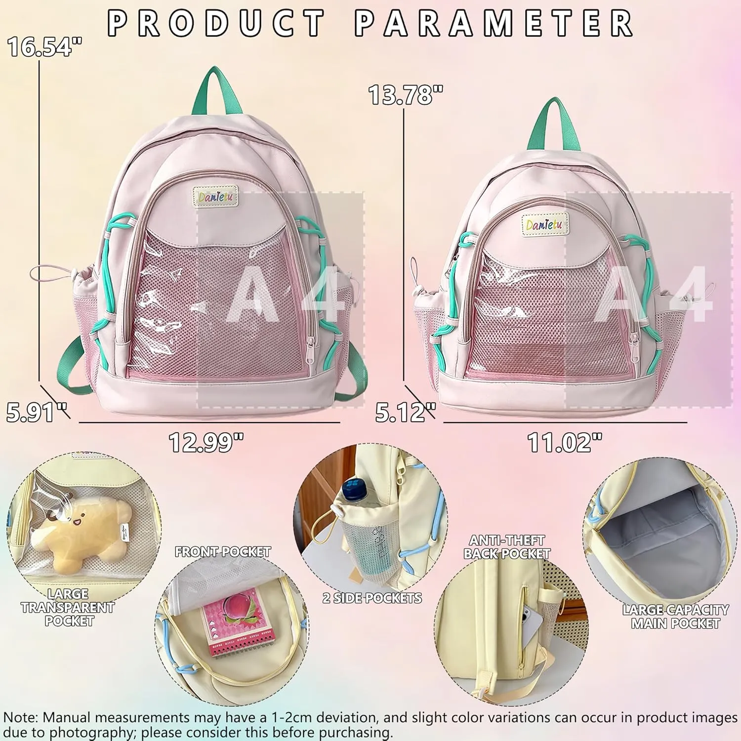 Ita Backpack Large Capacity Kawaii Japanese-Inspired Nylon Daypack Stylish Dual-Strap Backpack Perfect for Travel & Daily Use (Pink, Large)
