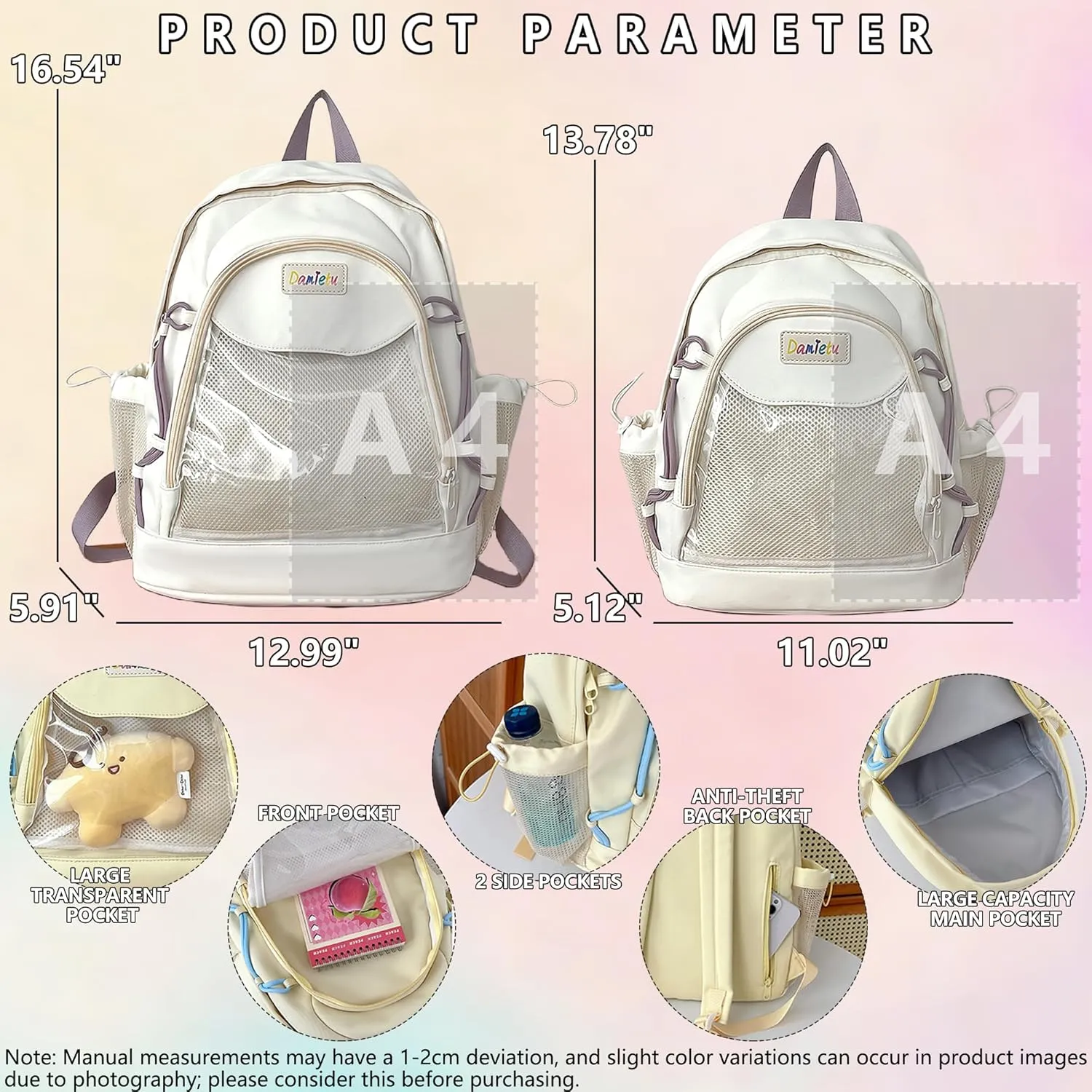 Ita Backpack Large Capacity Kawaii Japanese-Inspired Nylon Daypack Stylish Dual-Strap Backpack Perfect for Travel & Daily Use (White, Large)