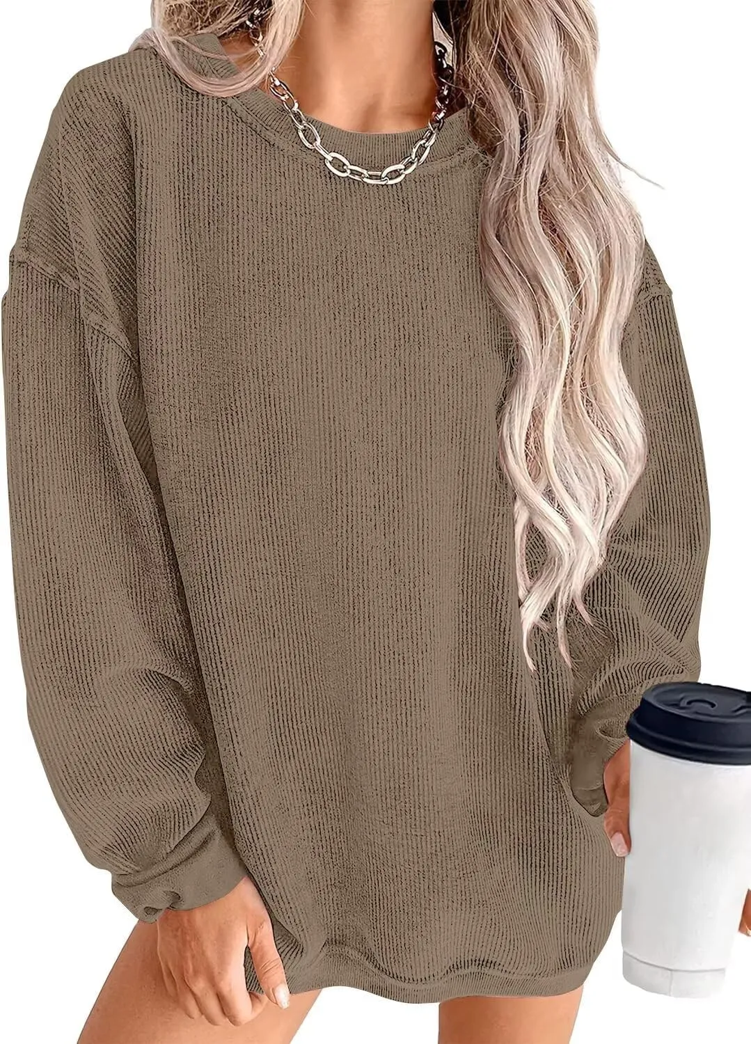 KISSMODA Women's Casual Long Sleeve Sweatshirt Color Block/Solid Crewneck Corduroy Pullover Cute Tops