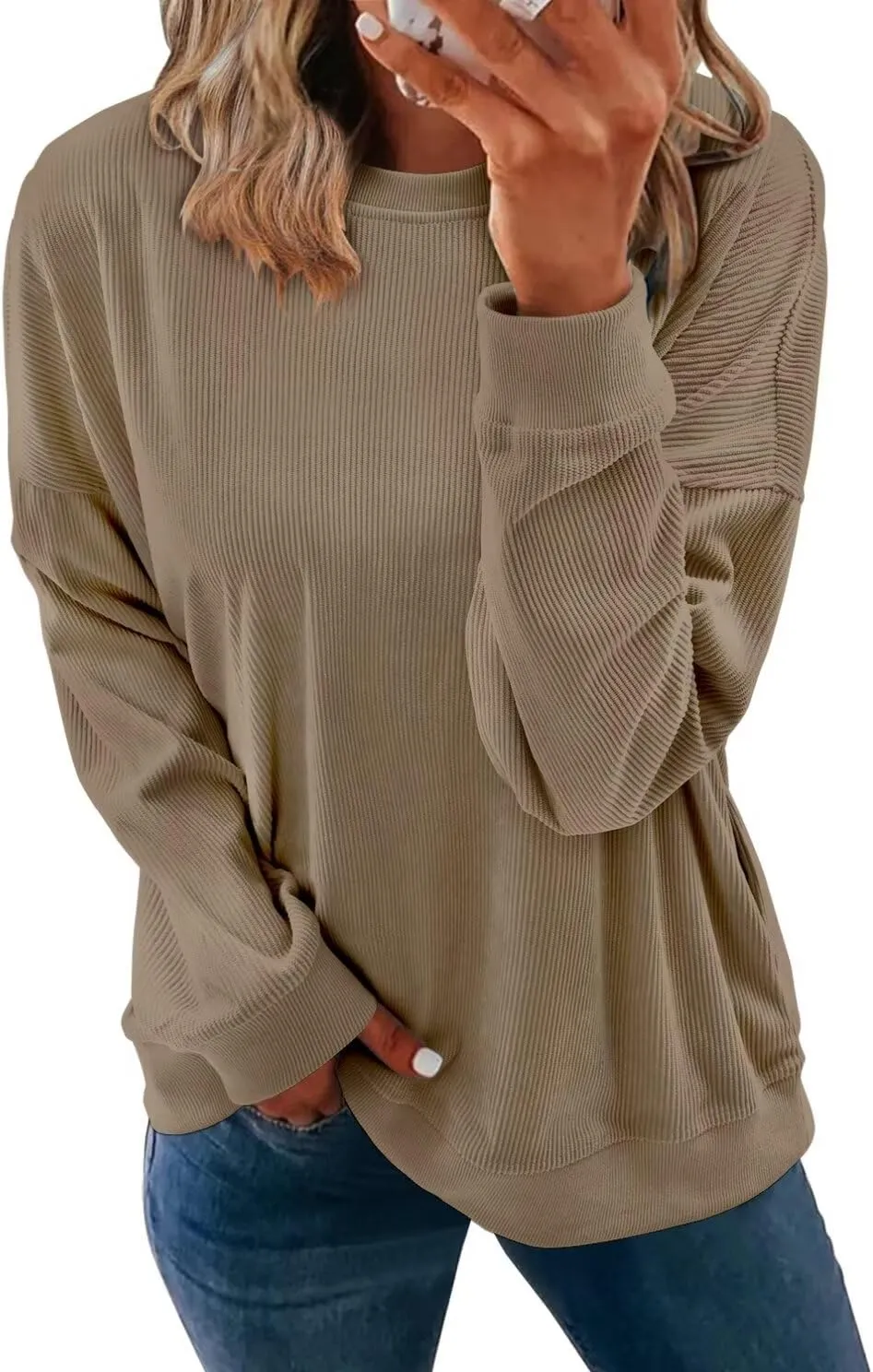 KISSMODA Women's Casual Long Sleeve Sweatshirt Color Block/Solid Crewneck Corduroy Pullover Cute Tops