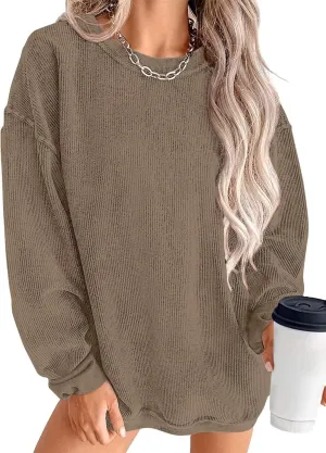 KISSMODA Women's Casual Long Sleeve Sweatshirt Color Block/Solid Crewneck Corduroy Pullover Cute Tops