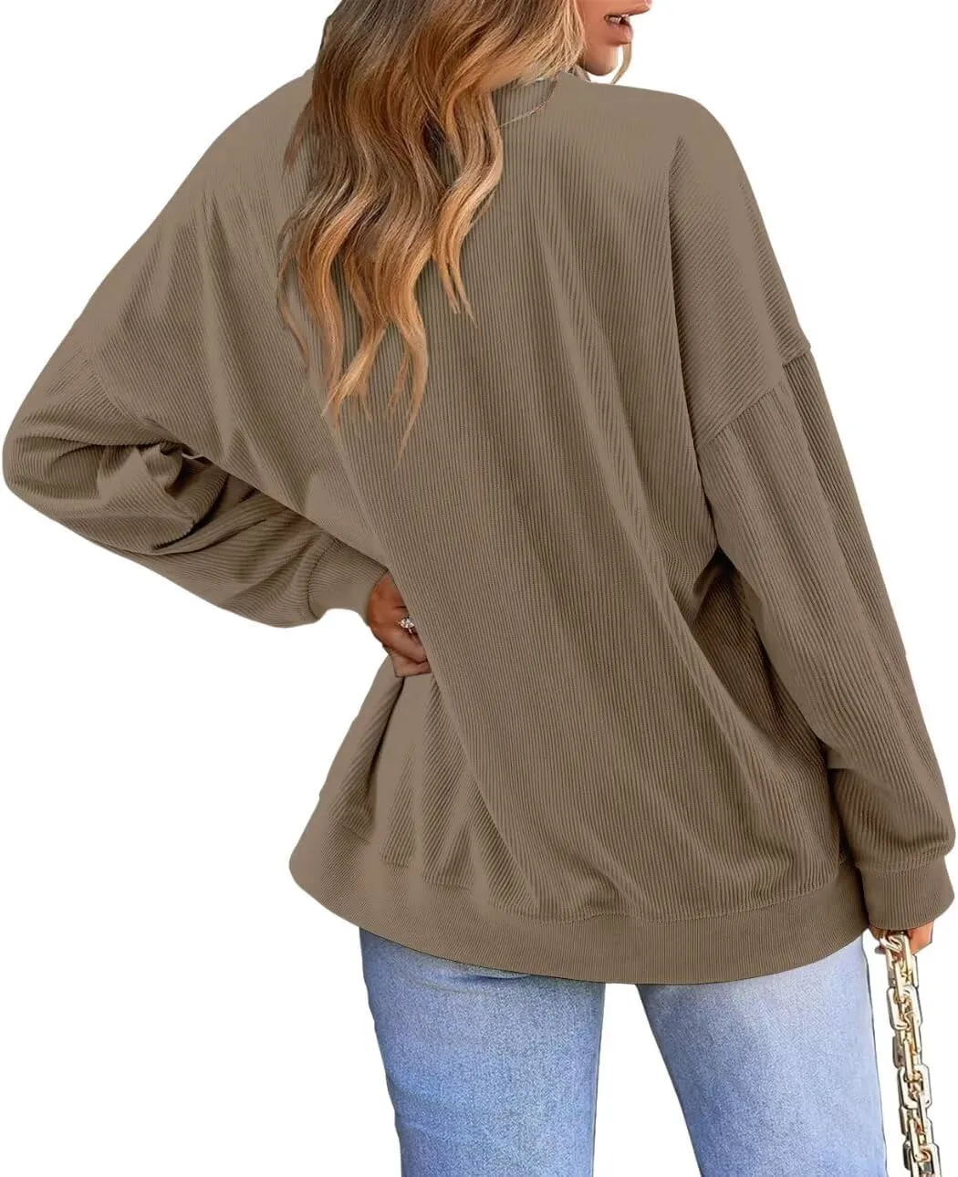 KISSMODA Women's Casual Long Sleeve Sweatshirt Color Block/Solid Crewneck Corduroy Pullover Cute Tops