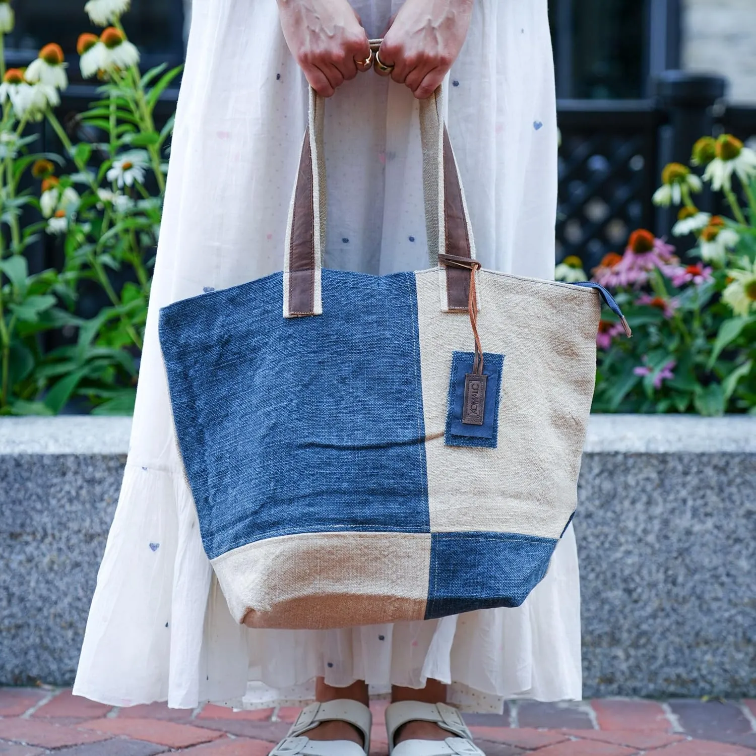 KomalC Two-Tone Jute & Leather Tote for Women, Stylish, Sustainable, Perfect for Daily Use, Shopping, Work and Casual Outings