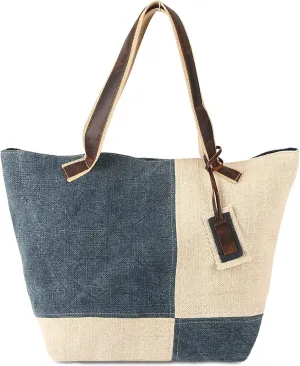 KomalC Two-Tone Jute & Leather Tote for Women, Stylish, Sustainable, Perfect for Daily Use, Shopping, Work and Casual Outings