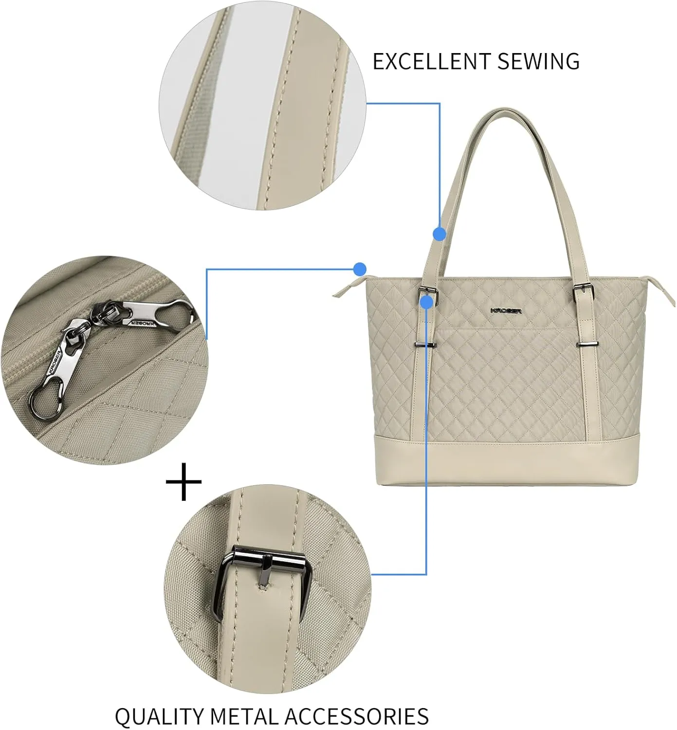 KROSER Laptop Tote Bag 15.6 Inch with USB Port, Large Work Tote Bag Computer Shoulder Bag for Women, Laptop Carrying Case Stylish Handbag Gift for Office Business Travel(Light khaki)