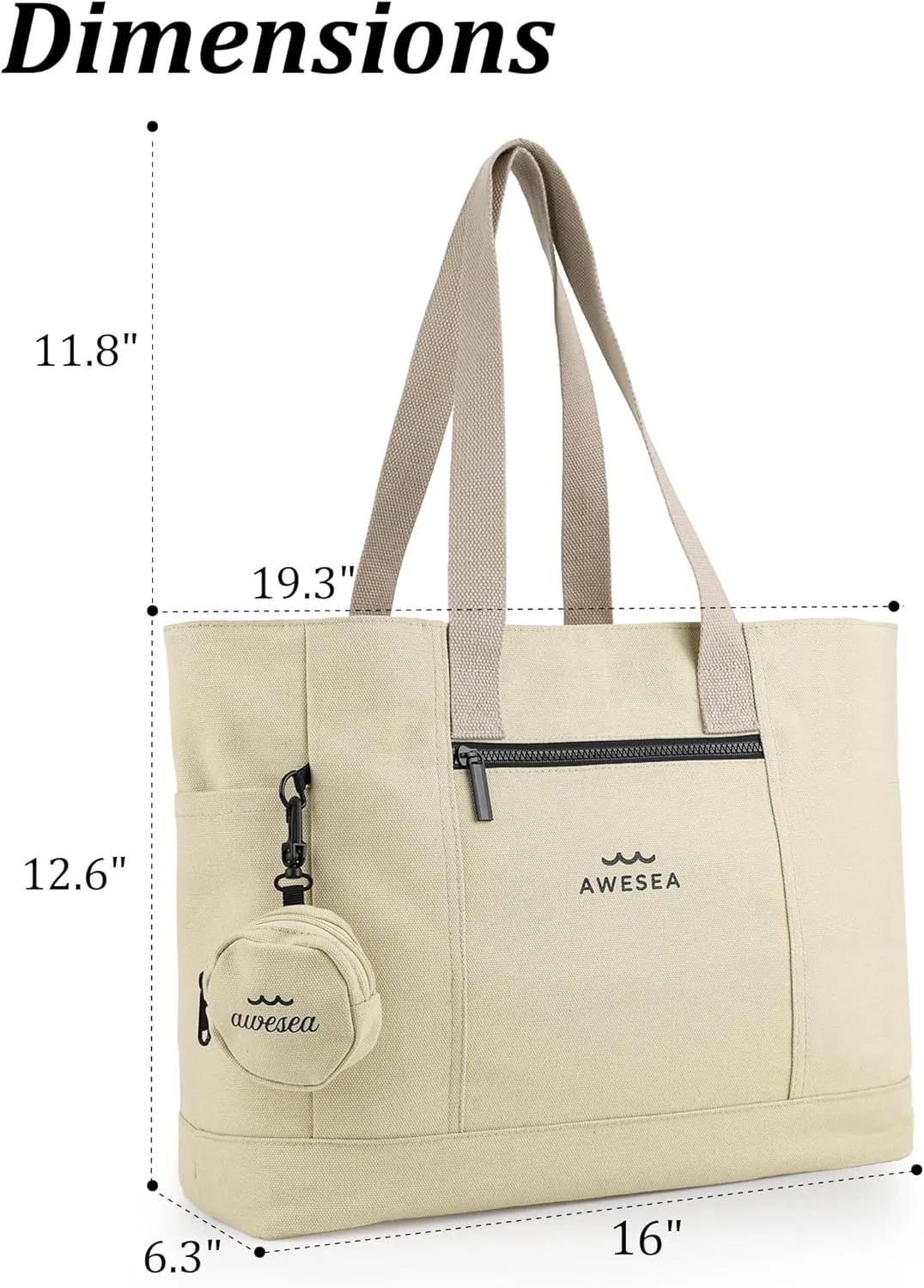 Large Canvas Tote Bag for Women - Durable Tote bags with interior Pocket and Zipper perfect for Travel and Daily Use