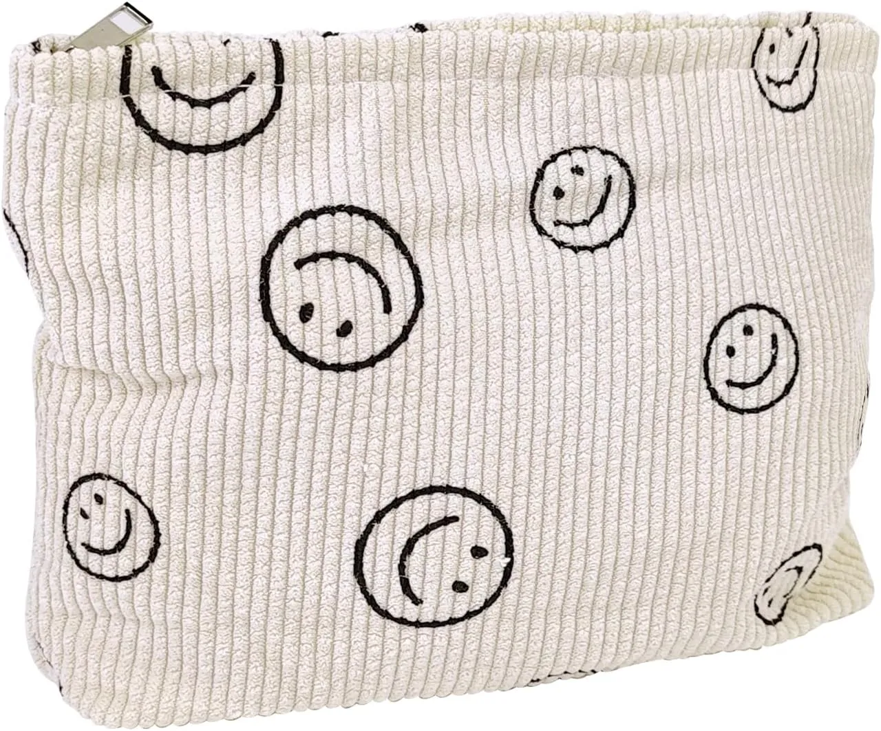 Large Capacity Corduroy Smiley Face Makeup & Cosmetic Bag - Zipper Organizer for Women, Ideal for Travel and Daily Use