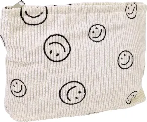 Large Capacity Corduroy Smiley Face Makeup & Cosmetic Bag - Zipper Organizer for Women, Ideal for Travel and Daily Use